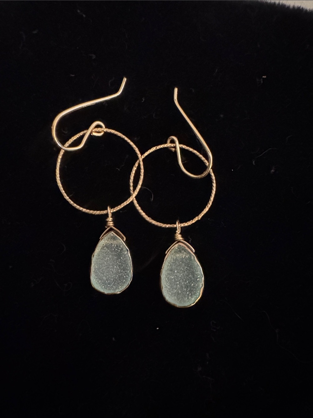 Gold Earrings with Light Aqua Druzy Teardrops - Women Jewelry